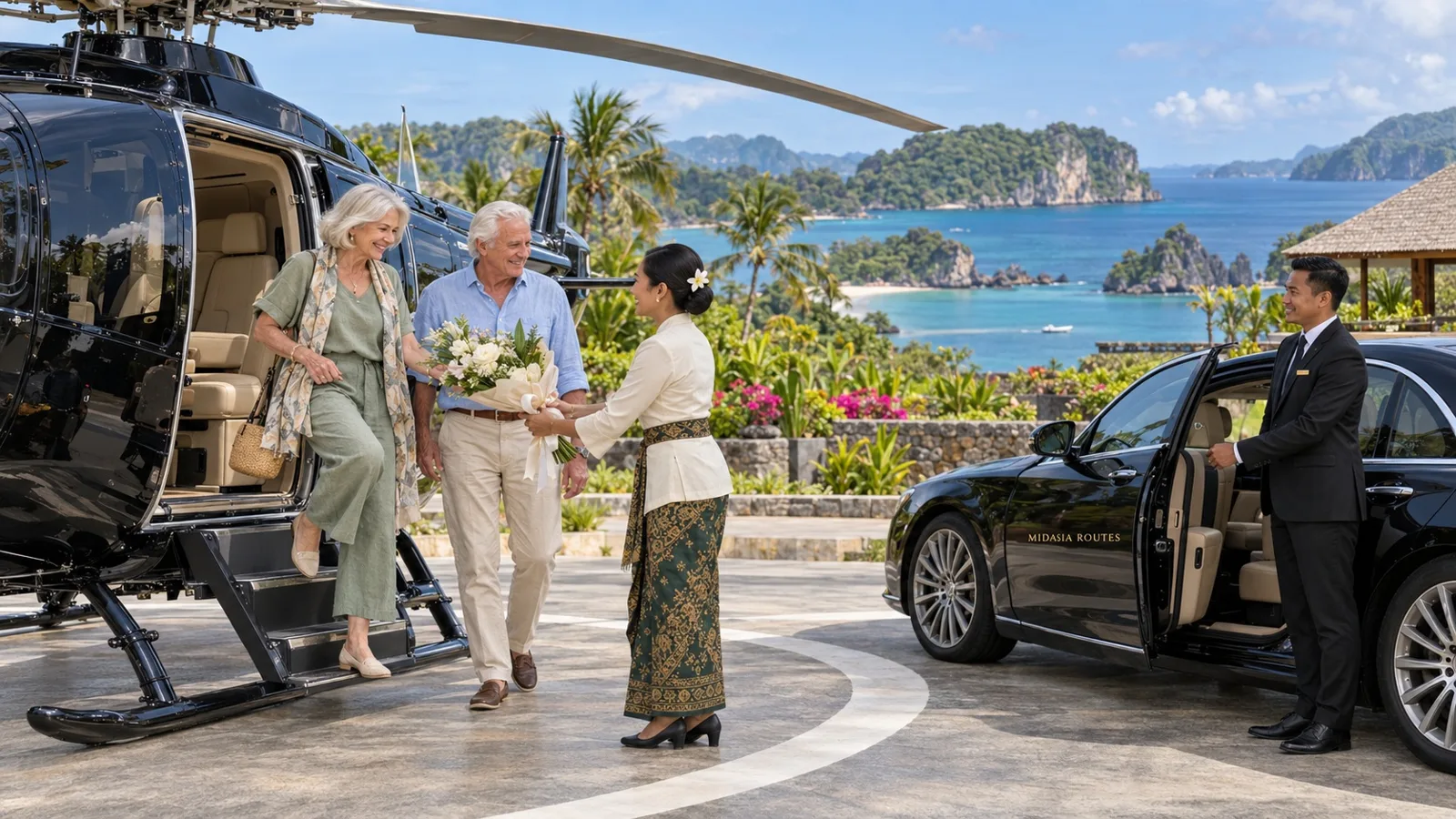 Private arrival by helicopter and chauffeur-driven car