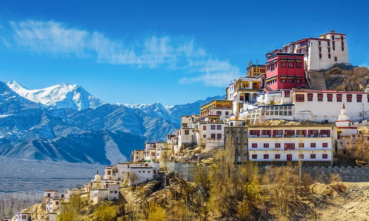 Thiksey monastery and Himalayan peaks in Ladakh